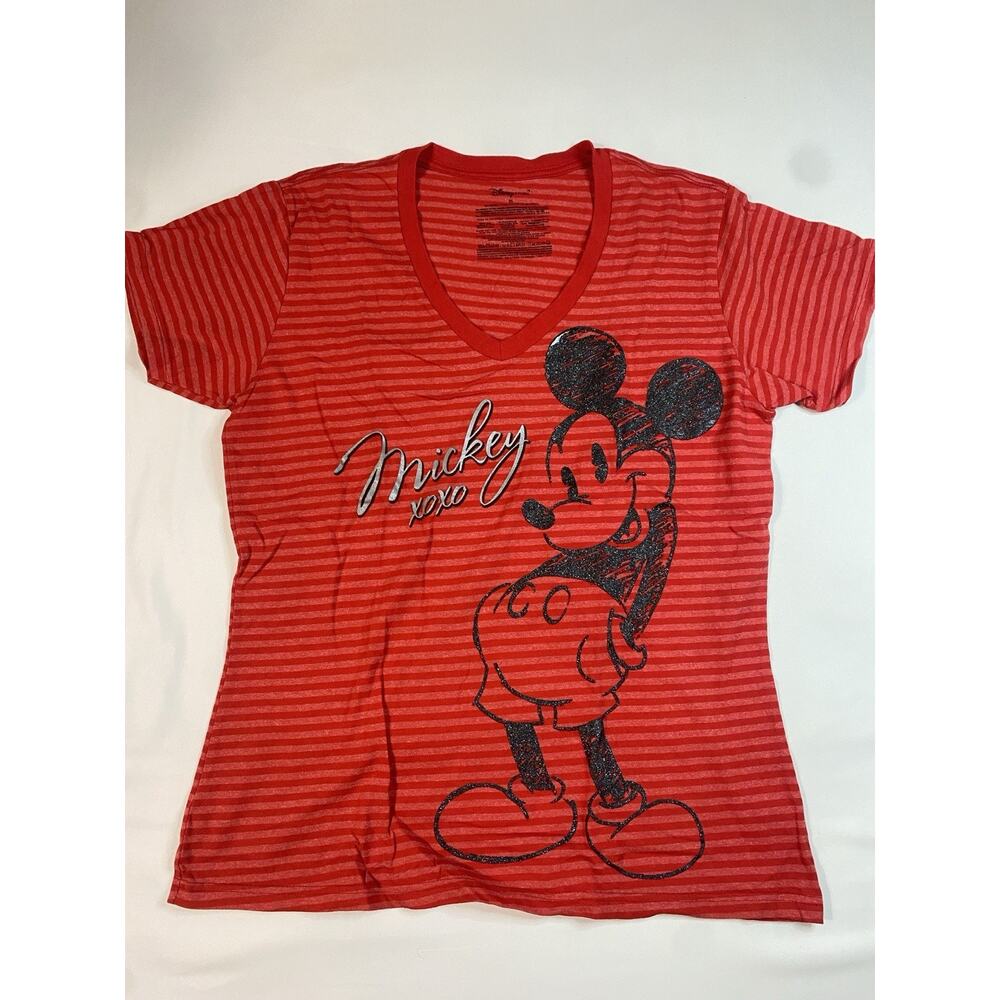 Disney Store Mickey Mouse XOXO Striped V-Neck T-Shirt XL Red Organic Cotto